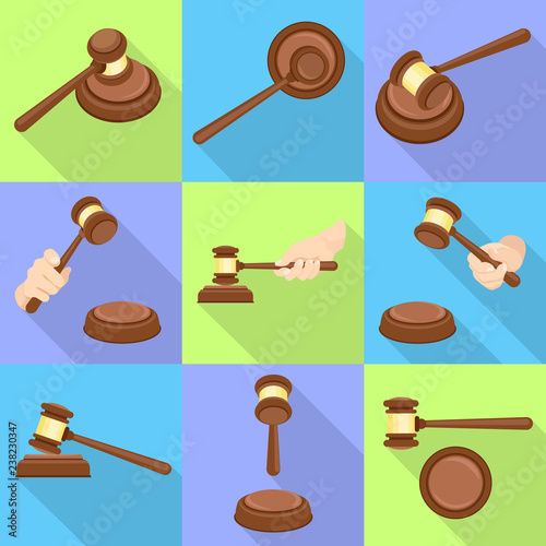 Judge hammer icon set. Flat set of judge hammer vector icons for web design