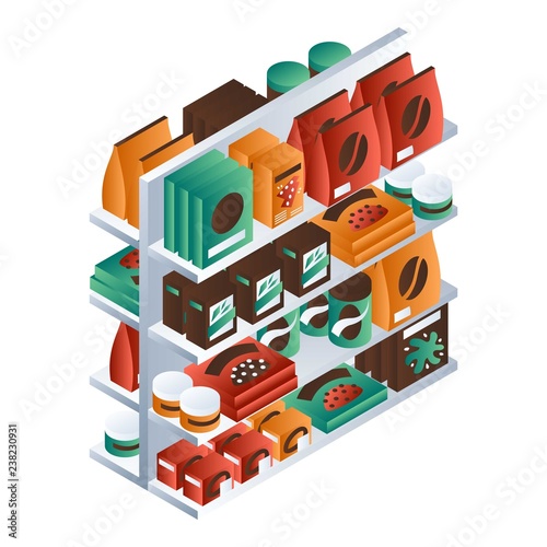 Full supermarket shelf icon. Isometric of full supermarket shelf vector icon for web design isolated on white background