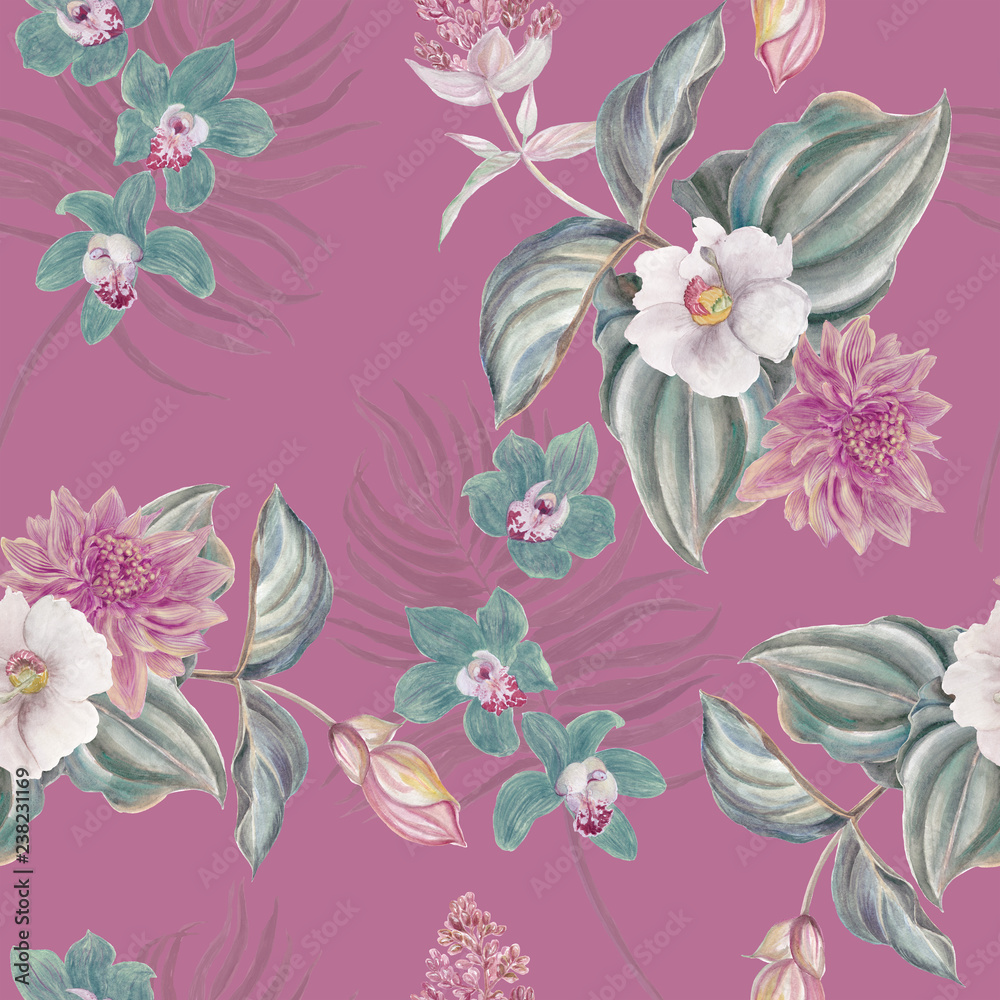 Seamless hand illustrated floral pattern with pink Medinilla Magnifica and orchid flowers . Watercolor botanical background