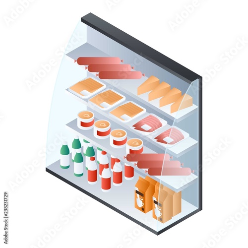 Food showcase fridge icon. Isometric of food showcase fridge vector icon for web design isolated on white background