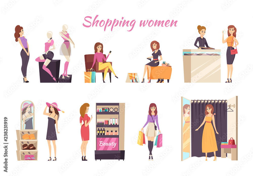 Shopping Women Poster with Ladies at Store Vector