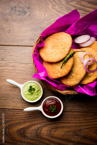 Shegaon or Rajasthani Kachori served with green Chutney and tomato ketchup photo