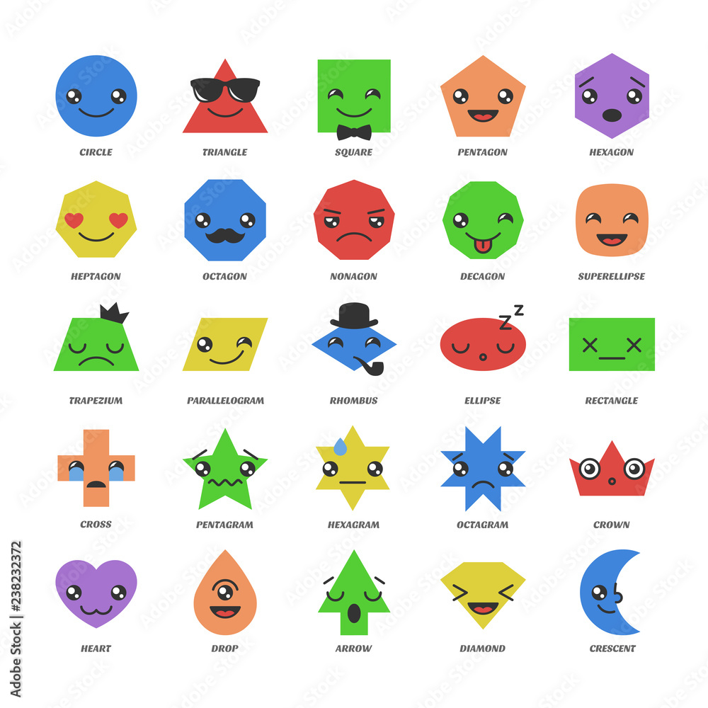 Big set vector basic shape with kawaii emojis. Cartoon emotion character on  a geometry figures circle, triangle, square, oval, plus, rectangle,  nonagon, heptagon, crescent with face expression. Stock Vector | Adobe Stock