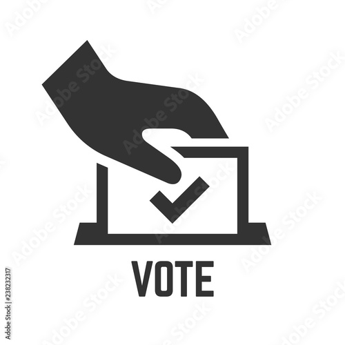 Vector vote icon with voter hand insert paper in ballot box. Democracy election poll silhouette symbol.