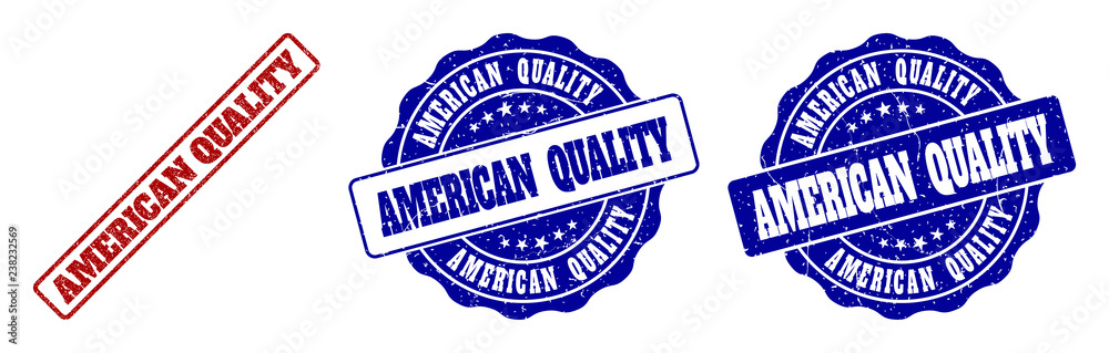 Fototapeta premium AMERICAN QUALITY grunge stamp seals in red and blue colors. Vector AMERICAN QUALITY overlays with grunge effect. Graphic elements are rounded rectangles, rosettes, circles and text labels.