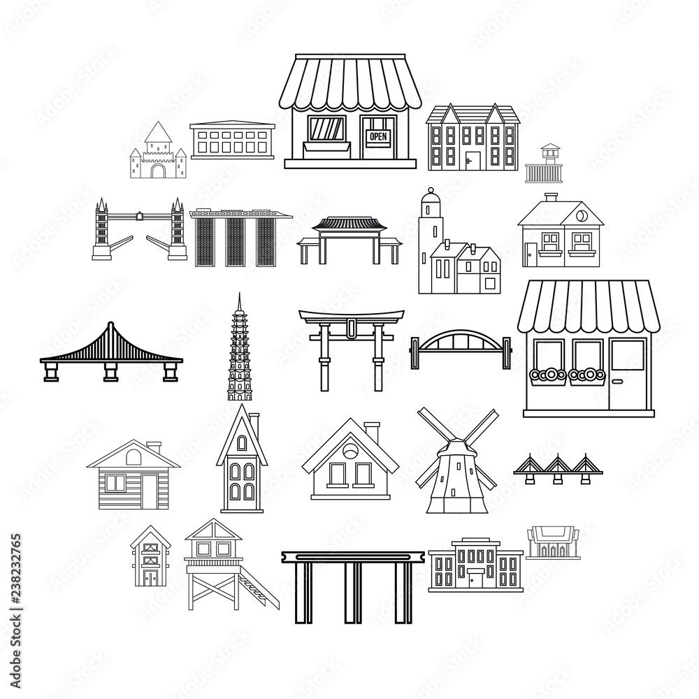 Architecture of the country icons set. Outline set of 25 architecture of the country vector icons for web isolated on white background