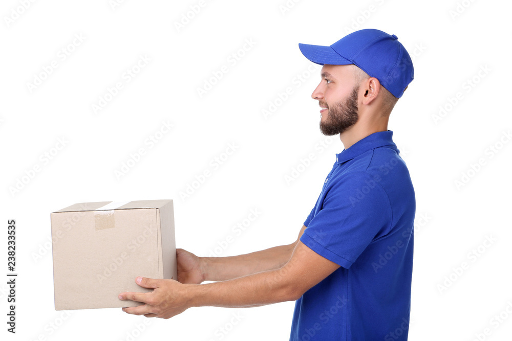 Delivery man with cardboard box isolated on white background Delivery man with cardboard box isolated on white background