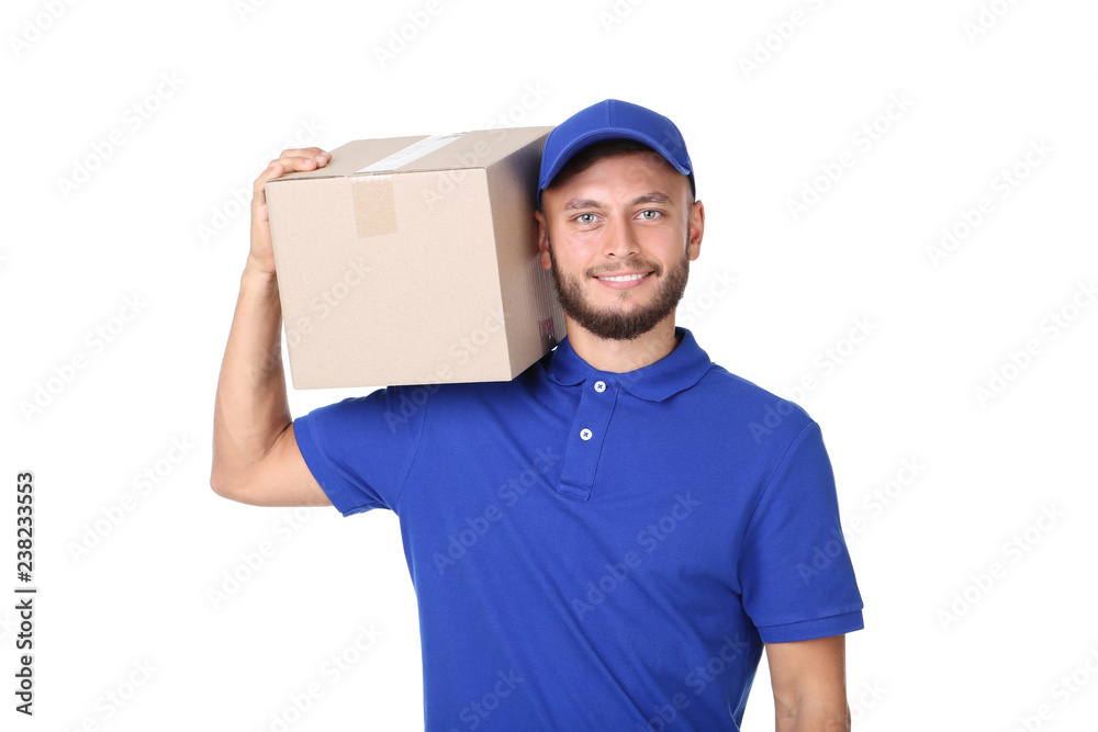 Delivery man with cardboard box isolated on white background Delivery man with cardboard box isolated on white background