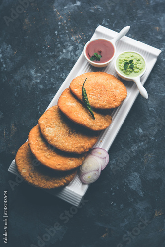 Shegaon or Rajasthani Kachori served with green Chutney and tomato ketchup photo