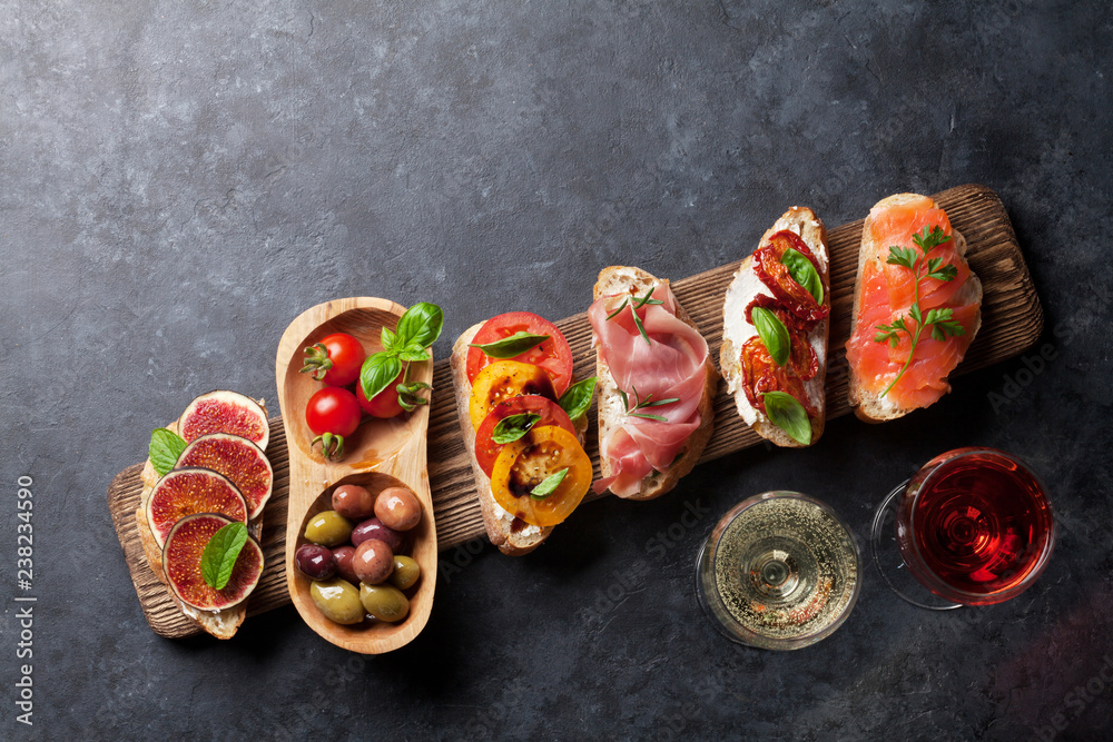 Brushetta or traditional spanish tapas Brushetta or traditional spanish tapas