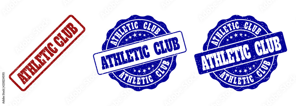 ATHLETIC CLUB scratched stamp seals in red and blue colors. Vector ATHLETIC CLUB labels with grainy effect. Graphic elements are rounded rectangles, rosettes, circles and text labels.