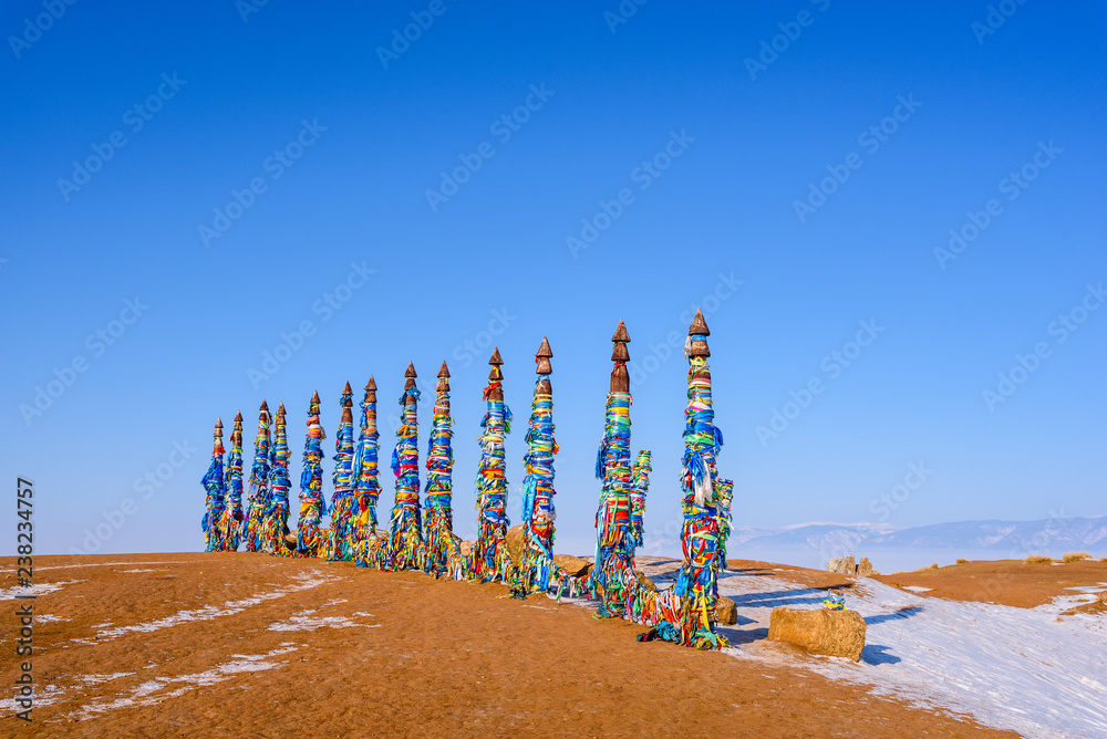 13 pillars of Serge, at the Shamanka rock (cape Burkhan), Olkhon Island, Lake Baikal