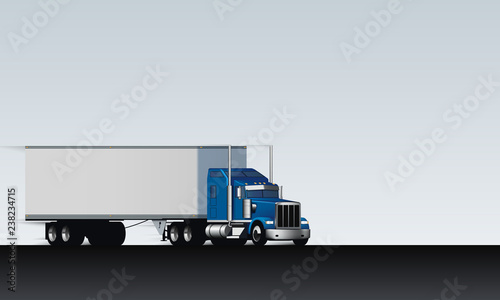 Truck rides on the abstract highway. Classic big rig semi truck with dry van on white clear background, vector illustration