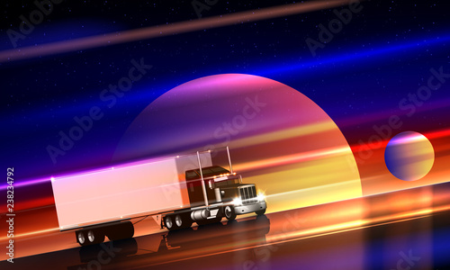 Truck rides on highway in space. Big rig semi truck dry van on night road on colorful cosmic background of starry sky. Interplanetary interstellar space transportation, vector illustration