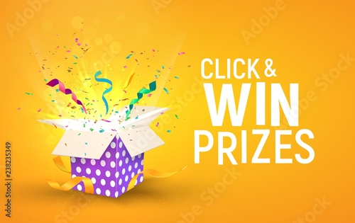 Open brigh textured box with confetti explosion inside and Click and win prizes text. Flying particles from giftbox vector illustration on yellow background photo