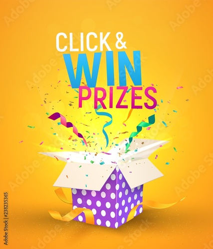 Open brigh textured box with confetti explosion inside and Click and win prizes text. Flying particles from giftbox vector illustration on yellow background