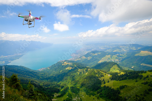 Drone flying above Aerial landscape of Geneva lake at summer time