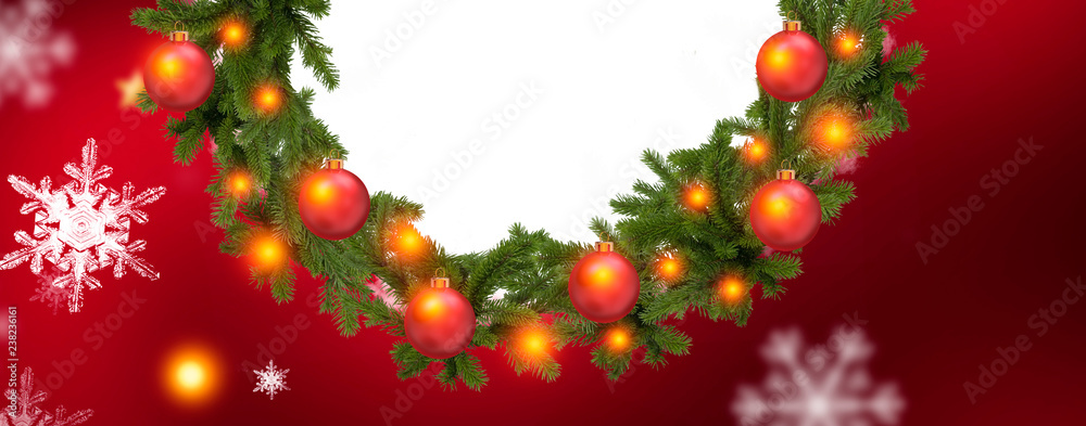 Red Christmas background with Christmas tree and balls. Beautifully decorated Christmas tree against color background, closeup Red Christmas background with Christmas tree and balls. Beautifully decorated Christmas tree against color background, closeup