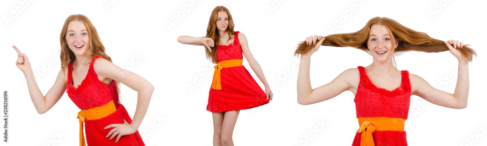 Young beautiful girl in red dress pointing isolated on white Young beautiful girl in red dress pointing isolated on white
