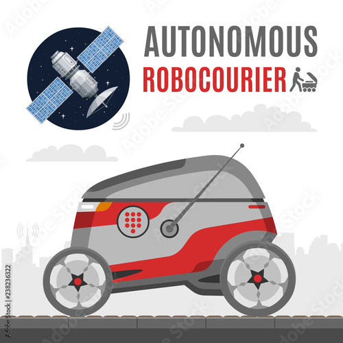 Vector autonomous delivery sidewalk robocourier flat illustration with satellite. Future robot for packages and food transportation.