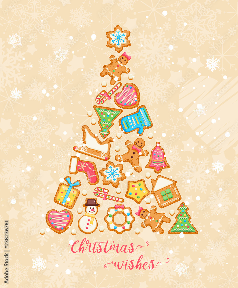 Christmas wishes. Cute Xmas card with colorful funny gingerbread on background with snowflakes. Vector greeting poster.