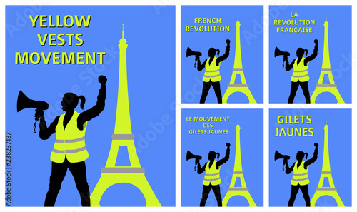 Yellow vests protester woman with hailer in front of Eiffel Tower