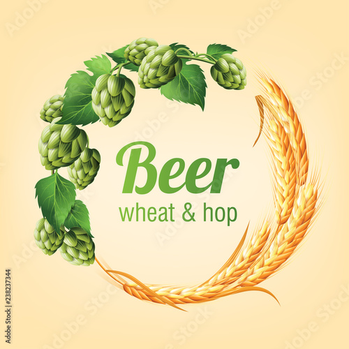Wreath with hops and wheat. Floral composition with cones, leaves and branches. Isolated elements. Vintage hand drawn illustration in watercolor style.