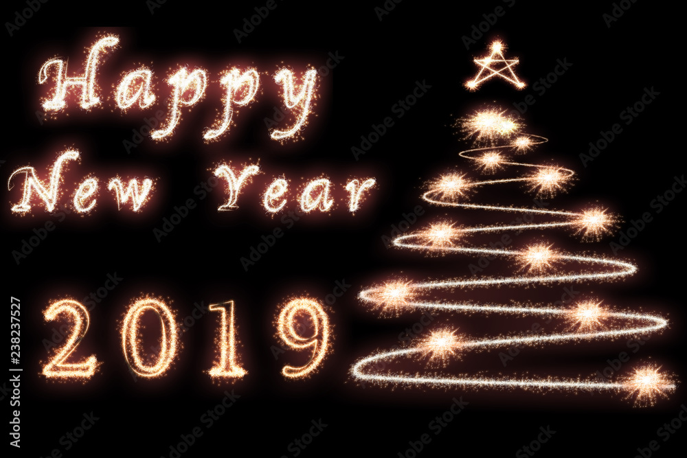 Happy new year 2019 and christmas tree written with Sparkle firework on dark background, celebration and greeting cards concept Happy new year 2019 and christmas tree written with Sparkle firework on dark background, celebration and greeting cards concept