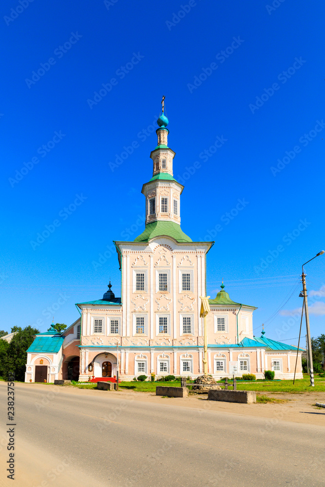 Russian white orthodox The Nativity Church, Totma, Russia. Architectural forms reminiscent of a ship. view from above. Russian white orthodox The Nativity Church, Totma, Russia. Architectural forms reminiscent of a ship. view from above.