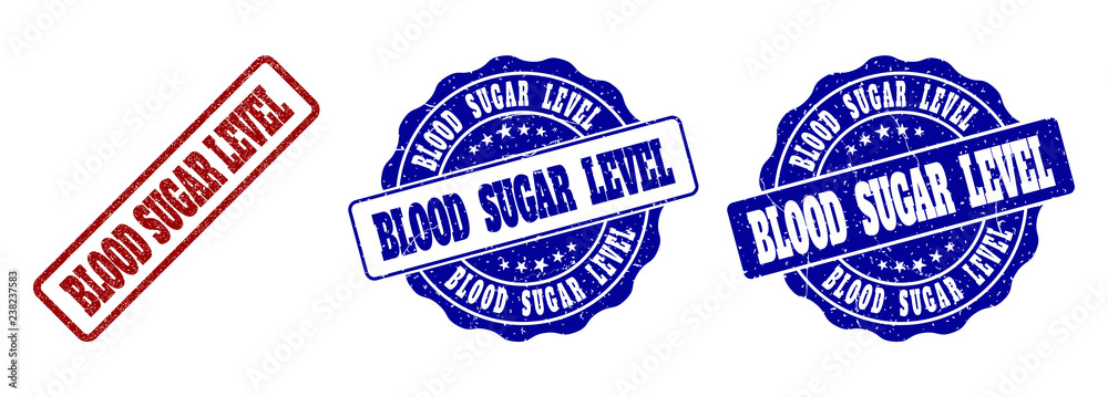 BLOOD SUGAR LEVEL grunge stamp seals in red and blue colors. Vector BLOOD SUGAR LEVEL signs with scratced texture. Graphic elements are rounded rectangles, rosettes, circles and text titles.