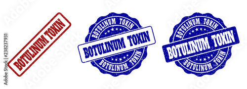 BOTULINUM TOXIN grunge stamp seals in red and blue colors. Vector BOTULINUM TOXIN marks with grunge texture. Graphic elements are rounded rectangles, rosettes, circles and text labels.