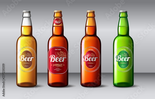 Beer bottle glass isolated on background. Vector packaging mockup with realistic bottle