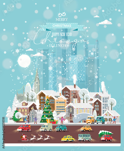 Christmas wishes. Cute Xmas card with colorful snowy Chicago. Snowflakes in the air. Street with people and cars. Vector greeting poster.