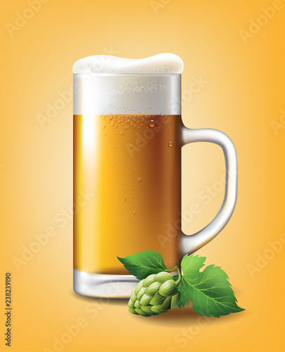 Beer Poster template for classic white beer ad package design. Vector glass cup with beer 3d illustration