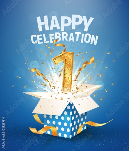 1 st years anniversary and open gift box with explosions confetti. Template first birthday celebration on blue background vector Illustration