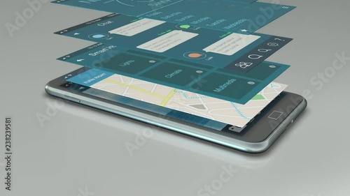 smartphone with a set of mobile app mockups falling onto the display (3d render) photo