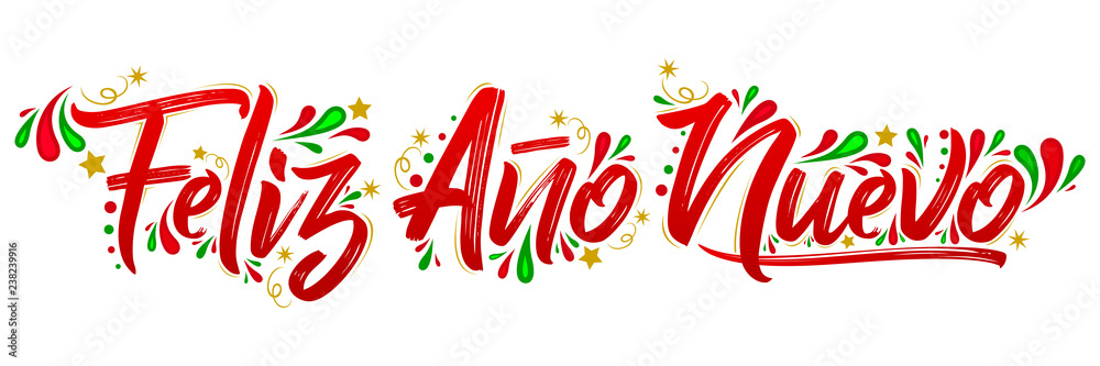 Fototapeta premium Feliz Ano Nuevo, Happy New Year spanish text holiday lettering vector illustration