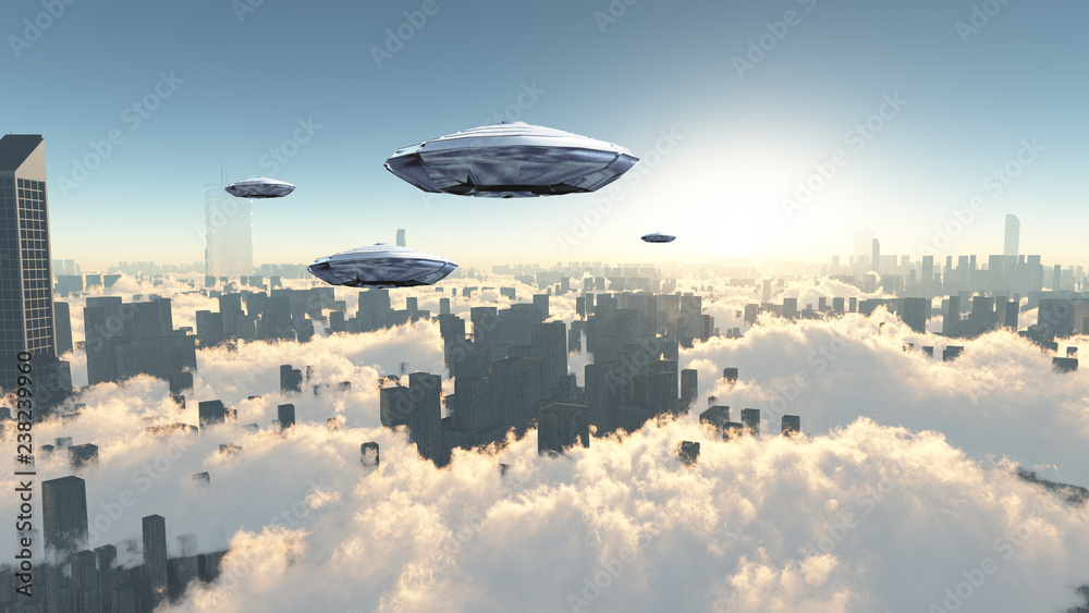 Fototapeta premium Flying saucers over city