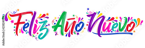 Feliz Ano Nuevo, Happy New Year spanish text holiday lettering vector illustration