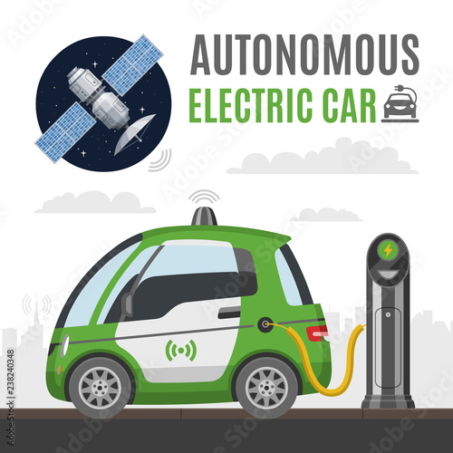  Vector autonomous electric city car flat illustration with satellite and charger station. Future self drive smart electricity vehicle.