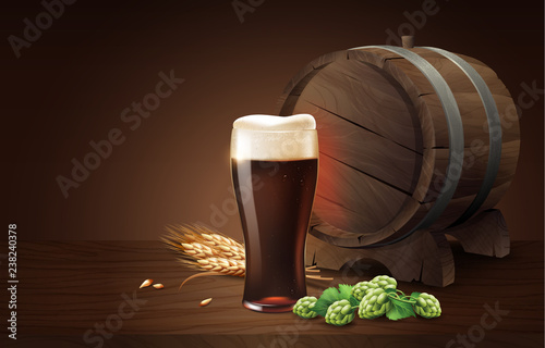 Dark porter beer in glass cup and wood barrel with wheat and hops, refreshing drink with white foam in 3d illustration, splashing beer