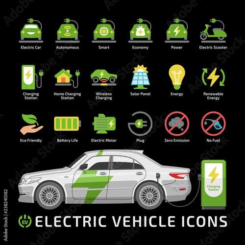 Vector electric eco car color icon set with sedan vehicle mockup and charge station. Electricity transport silhouette flat sign with charger, battery energy power and plug.