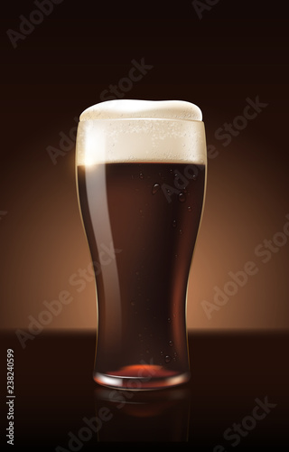 Dark porter beer in glass cup refreshing drink with white foam in 3d illustration, splashing beer