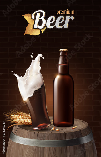 Dark porter beer in glass cup and glass bottle on wood barrel with wheat, refreshing drink with white foam in 3d illustration, splashing beer