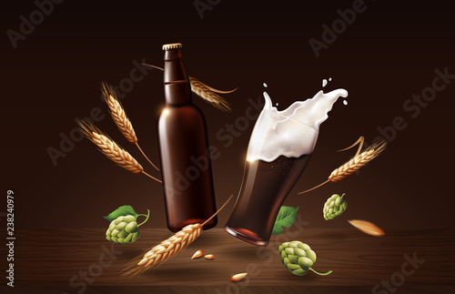 chin chin dark beer in glass cup and bottle with wheat and hops, refreshing drink with white foam in 3d illustration, splashing beer