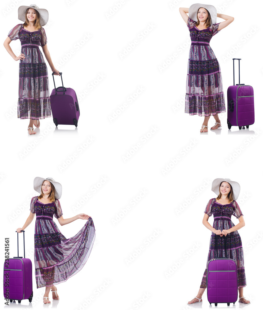 Young woman with suitcase isolated on white Young woman with suitcase isolated on white