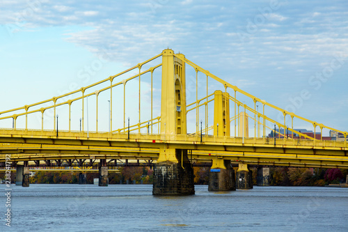 Yellow bridges over the Allegheny River in Pittsburgh, Pennsylvania.