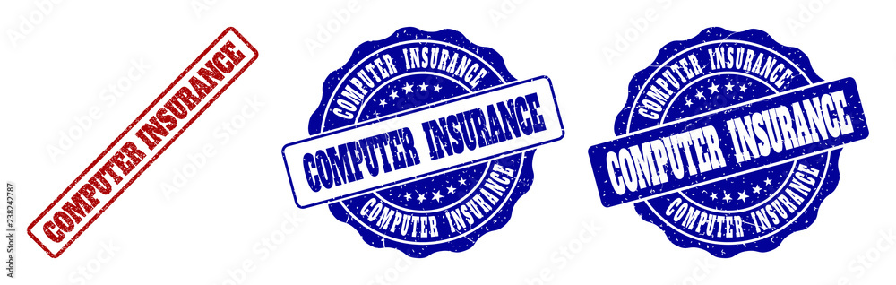 Fototapeta premium COMPUTER INSURANCE grunge stamp seals in red and blue colors. Vector COMPUTER INSURANCE watermarks with grunge surface. Graphic elements are rounded rectangles, rosettes, circles and text titles.