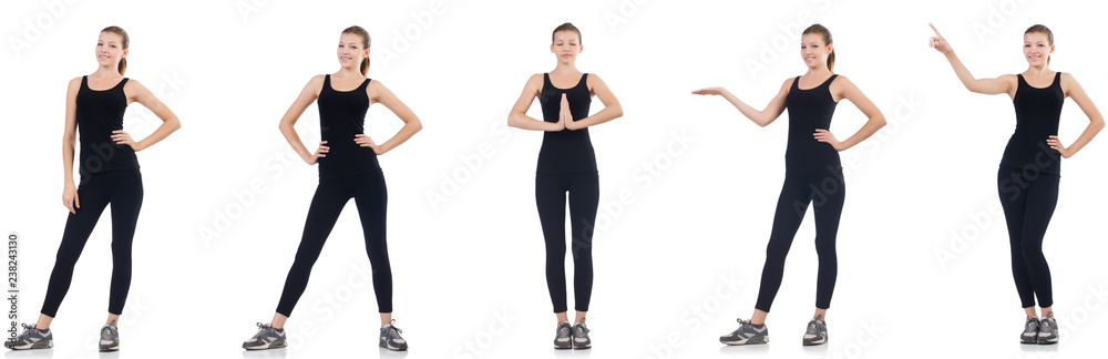 Young woman doing exercises isolated on white Young woman doing exercises isolated on white