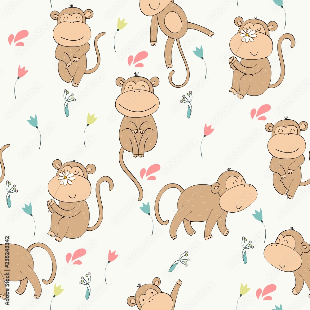 Fototapeta premium Vector illustration with cartoon monkeys. Seamless pattern
